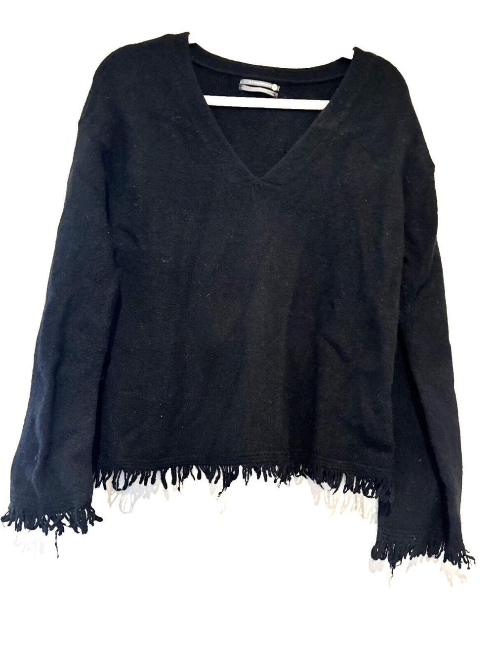 Anthropologie wool blend sz L black V‎ neck sweater with fringe BB